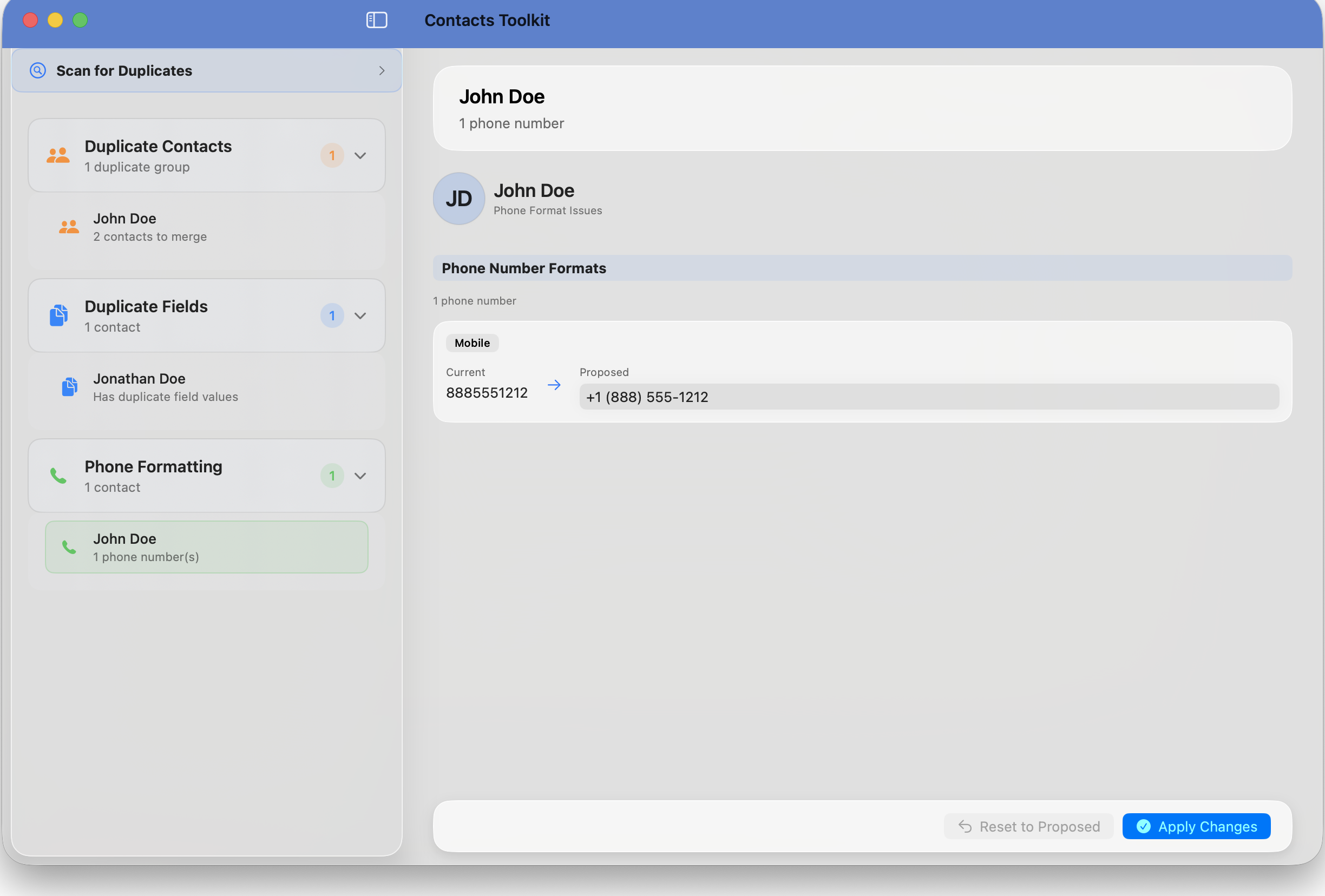 Phone number formatting feature showing standardized format conversion