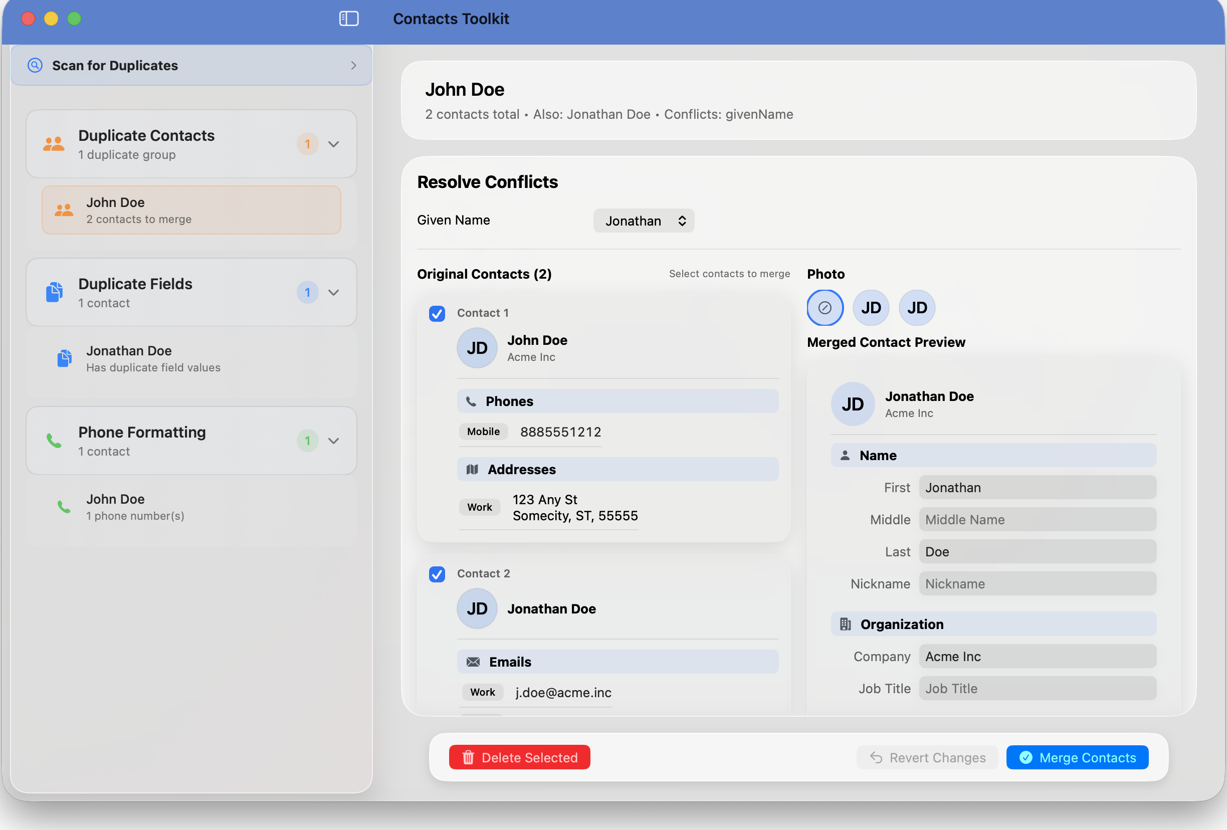 Contacts Toolkit main interface showing duplicate contact resolution with merge preview
