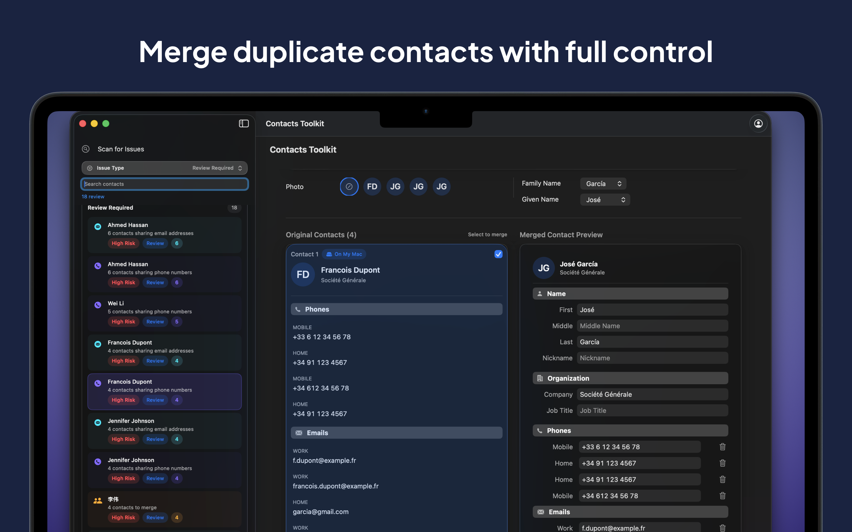 Contacts Toolkit duplicate contact merging interface showing merged contact preview on macOS