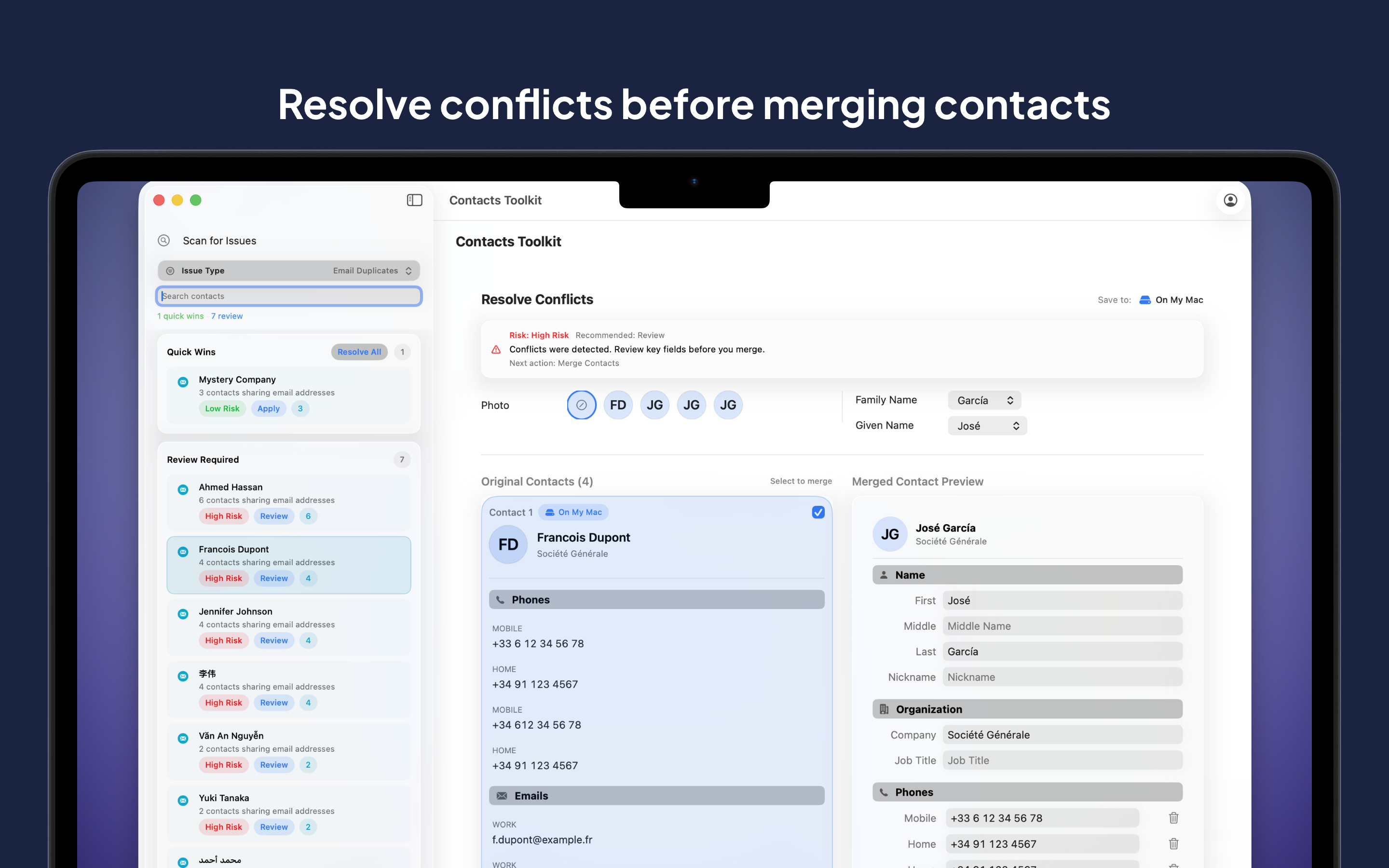 Contacts Toolkit conflict resolution view for reviewing duplicate contacts before merging