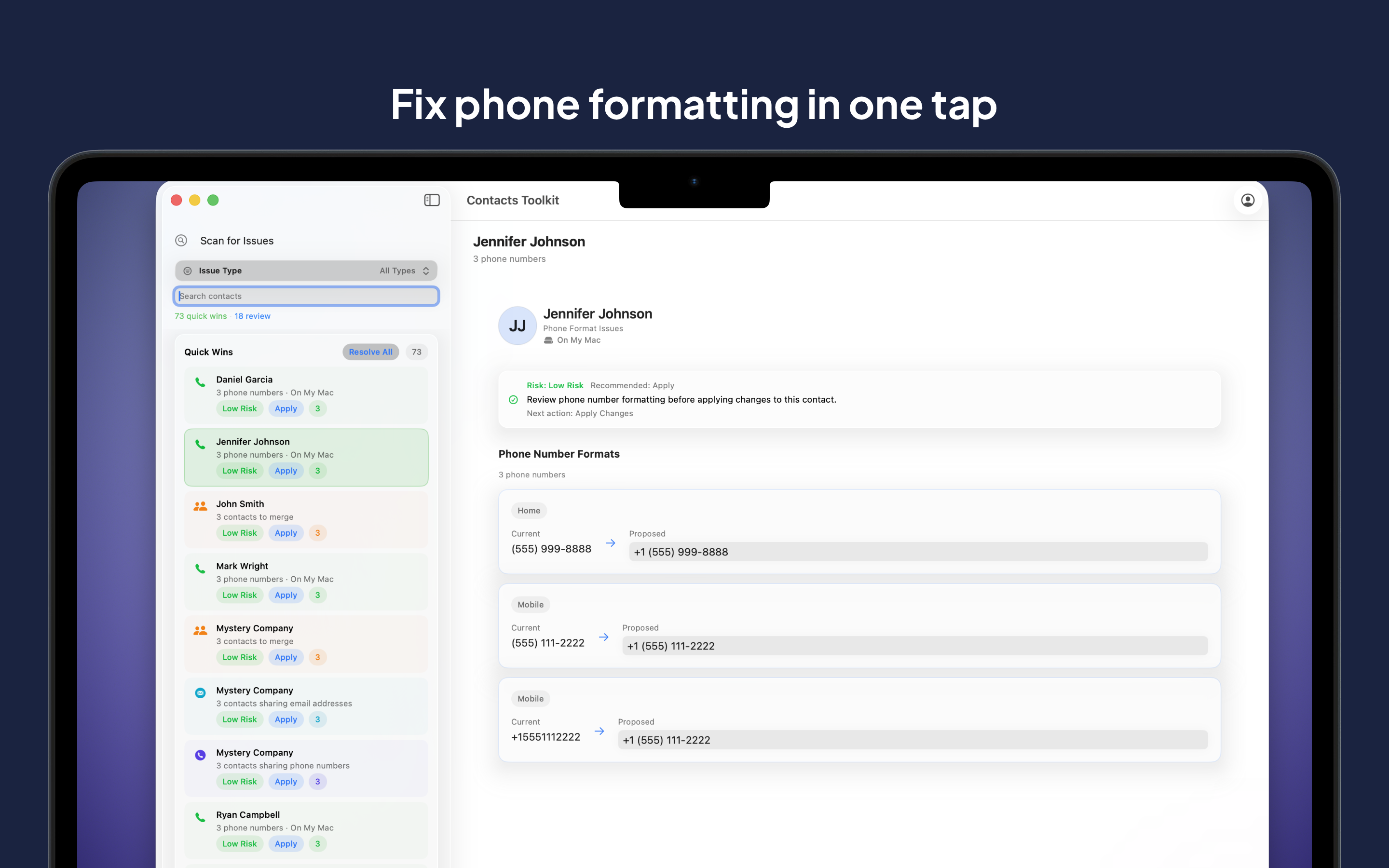 Contacts Toolkit phone number formatting with current and proposed format comparison