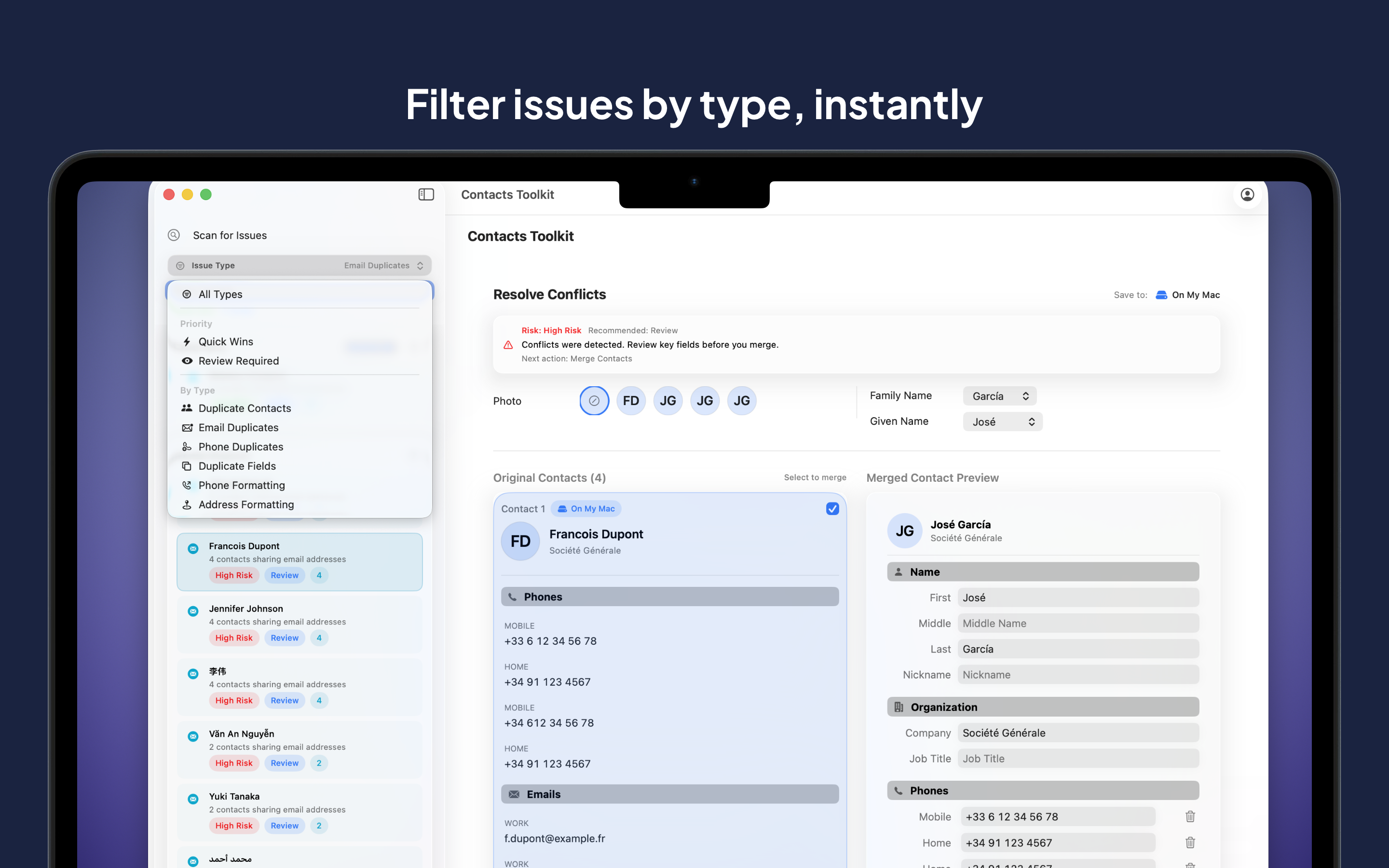 Contacts Toolkit issue type filter dropdown for duplicate contacts, emails, and phone numbers