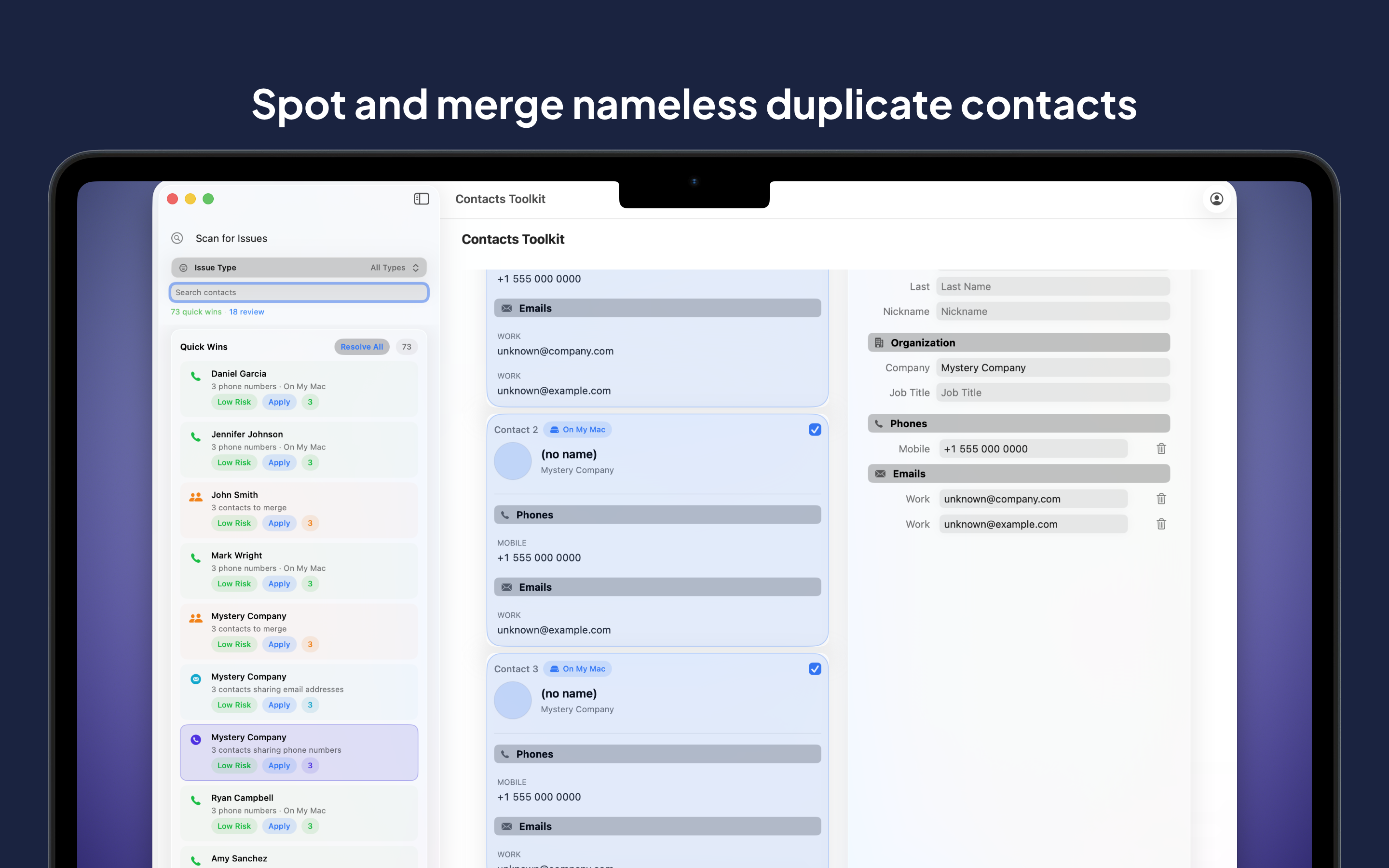 Contacts Toolkit detecting and merging nameless duplicate contacts on macOS