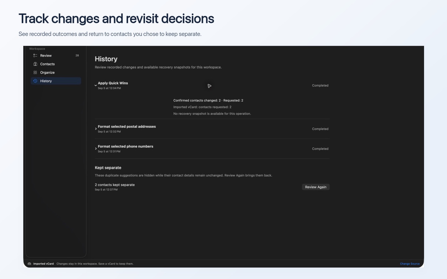 Contacts Toolkit History showing recorded operation outcomes and contacts previously kept separate