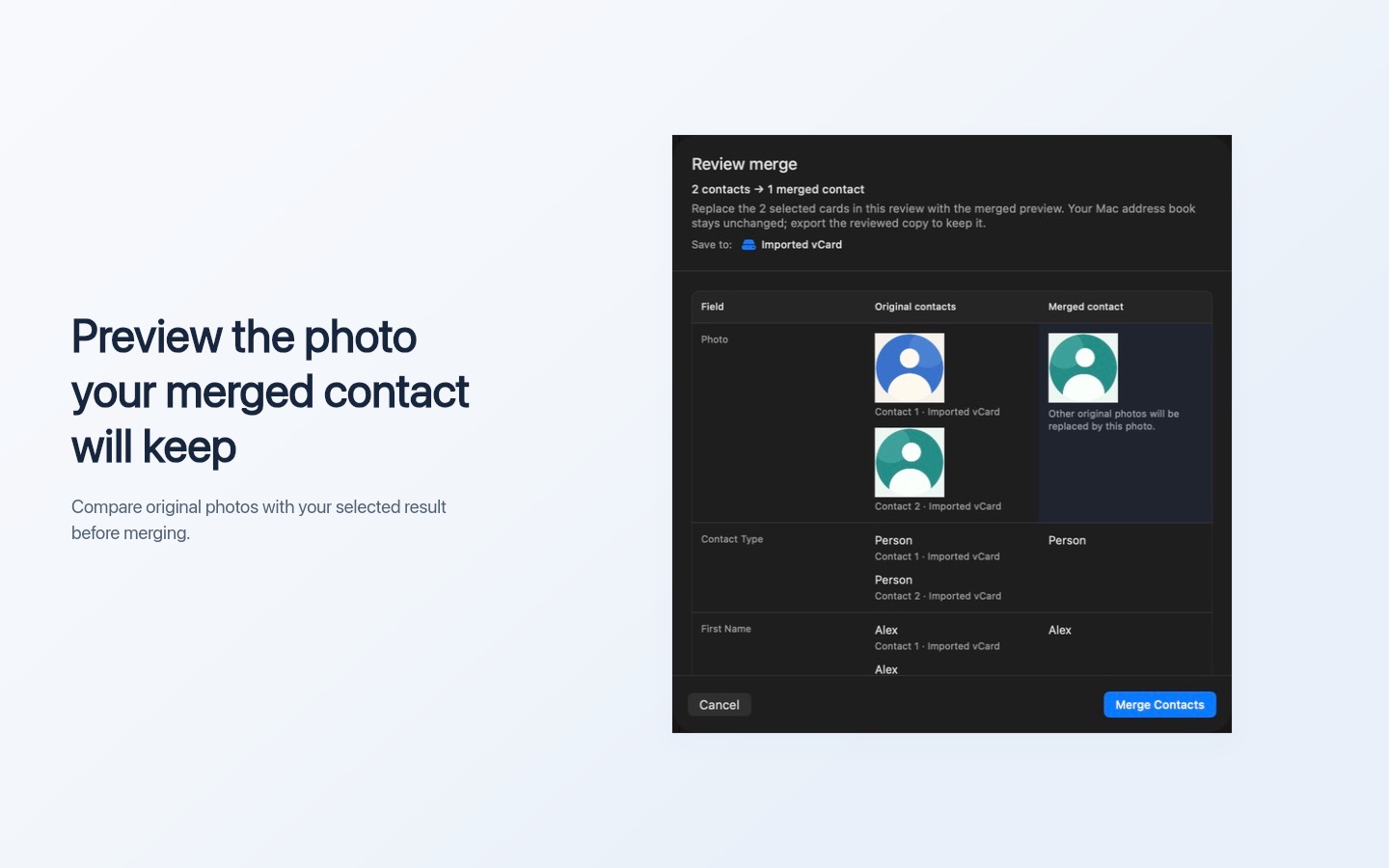 Contacts Toolkit merge preview comparing original contact photos with the selected merged photo