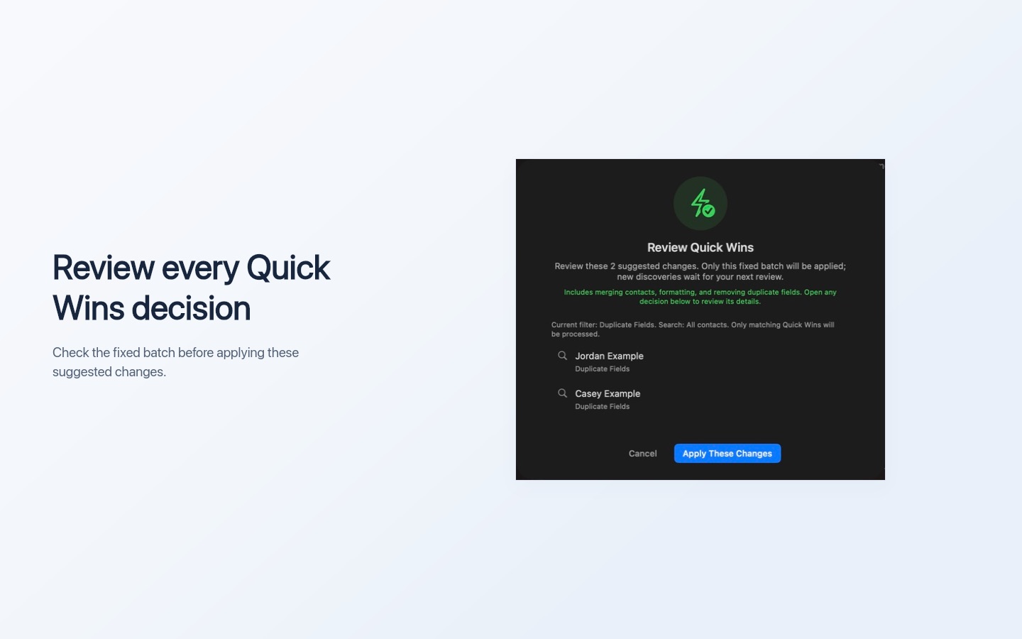 Contacts Toolkit Quick Wins review listing the fixed batch of suggested changes before applying them