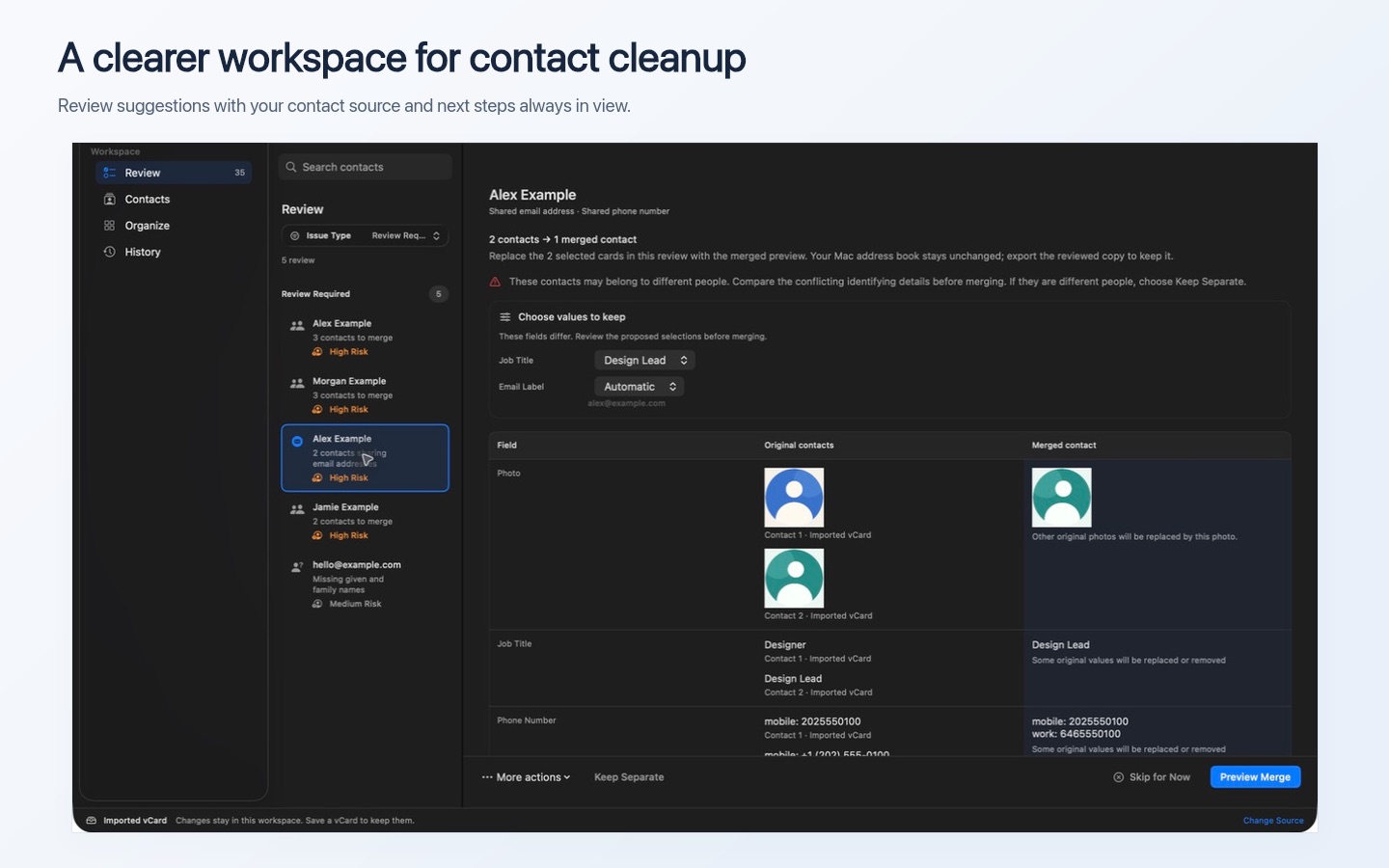 Contacts Toolkit 6.0 Review workspace showing matching evidence, field comparisons, and a merged contact preview