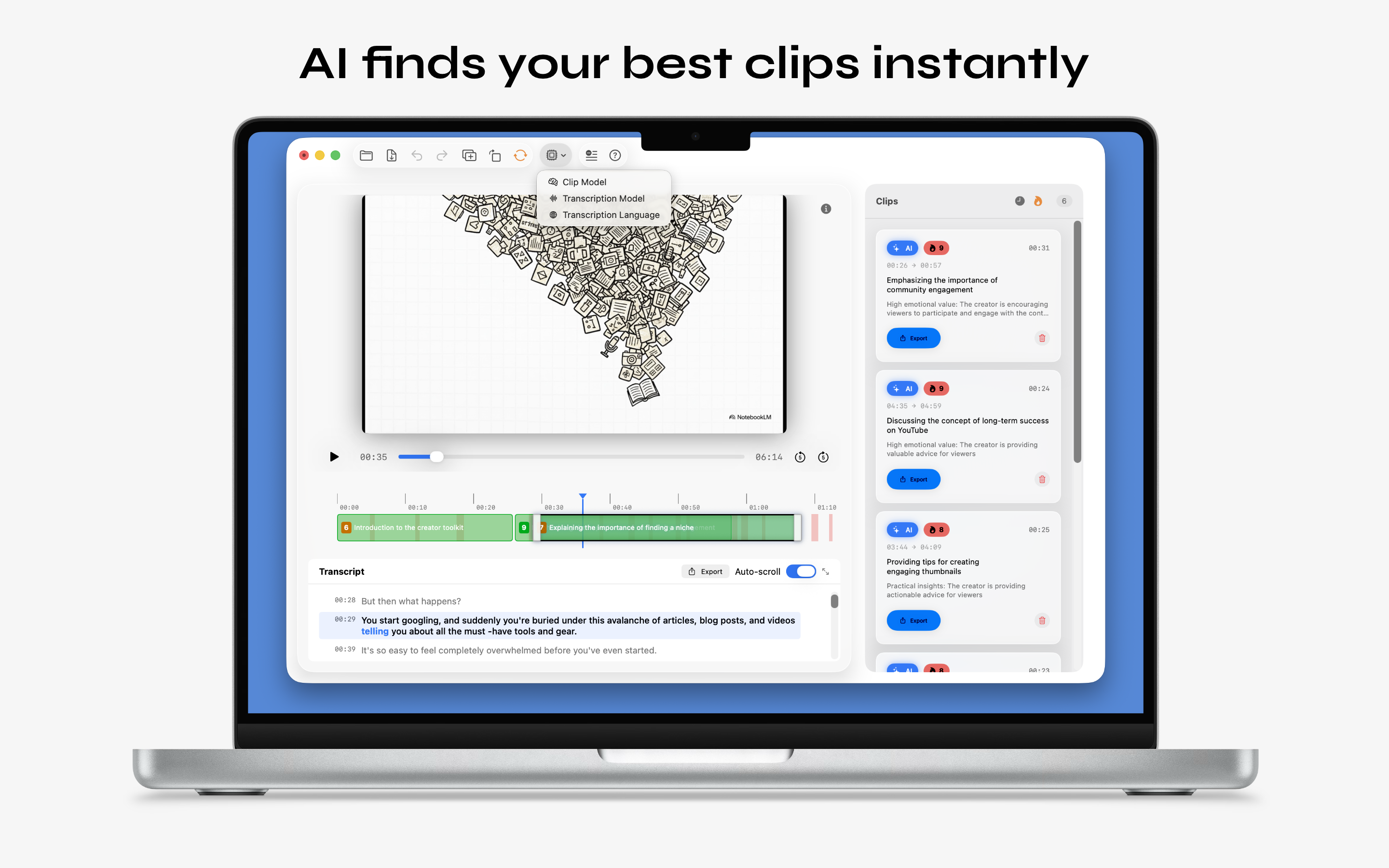 LocalSnip AI-powered clip detection with transcript and scored clip suggestions