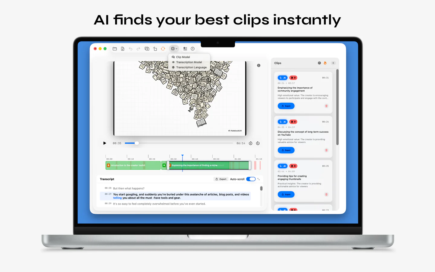 LocalSnip AI-powered clip detection with transcript and scored clip suggestions