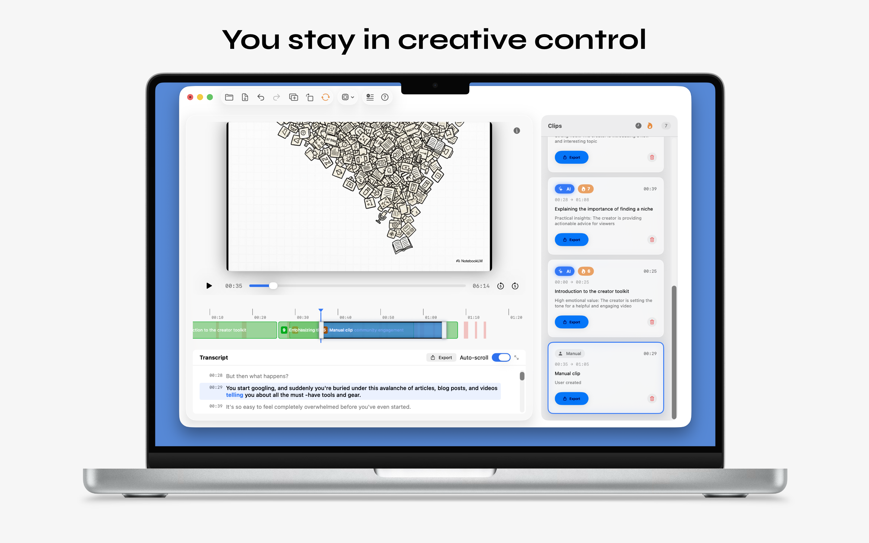 LocalSnip interactive timeline editor with manual clip selection and clip list panel