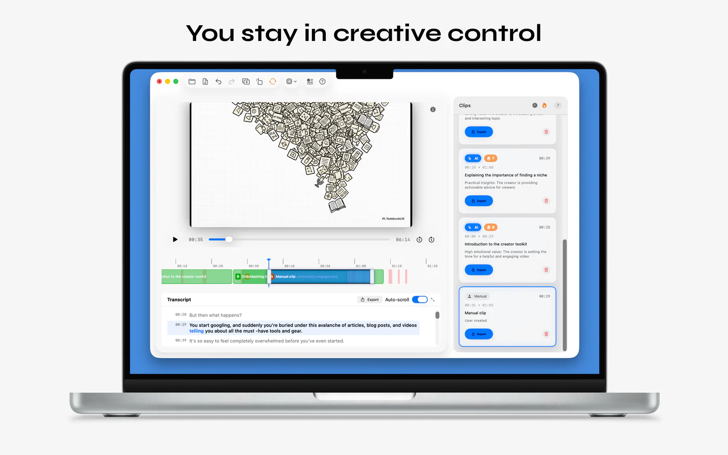 LocalSnip interactive timeline editor with manual clip selection and clip list panel