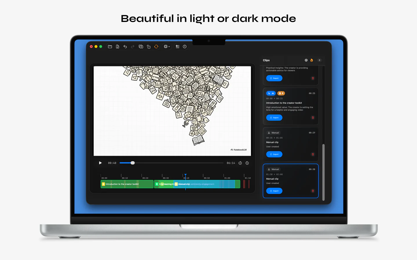 LocalSnip dark mode interface with video player, timeline, and clip management panel