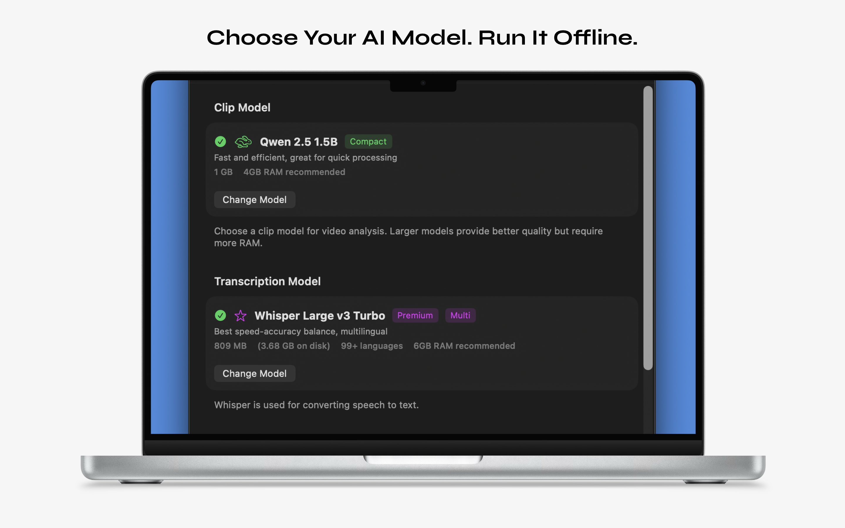 LocalSnip offline AI model settings showing Qwen and Whisper transcription model selection