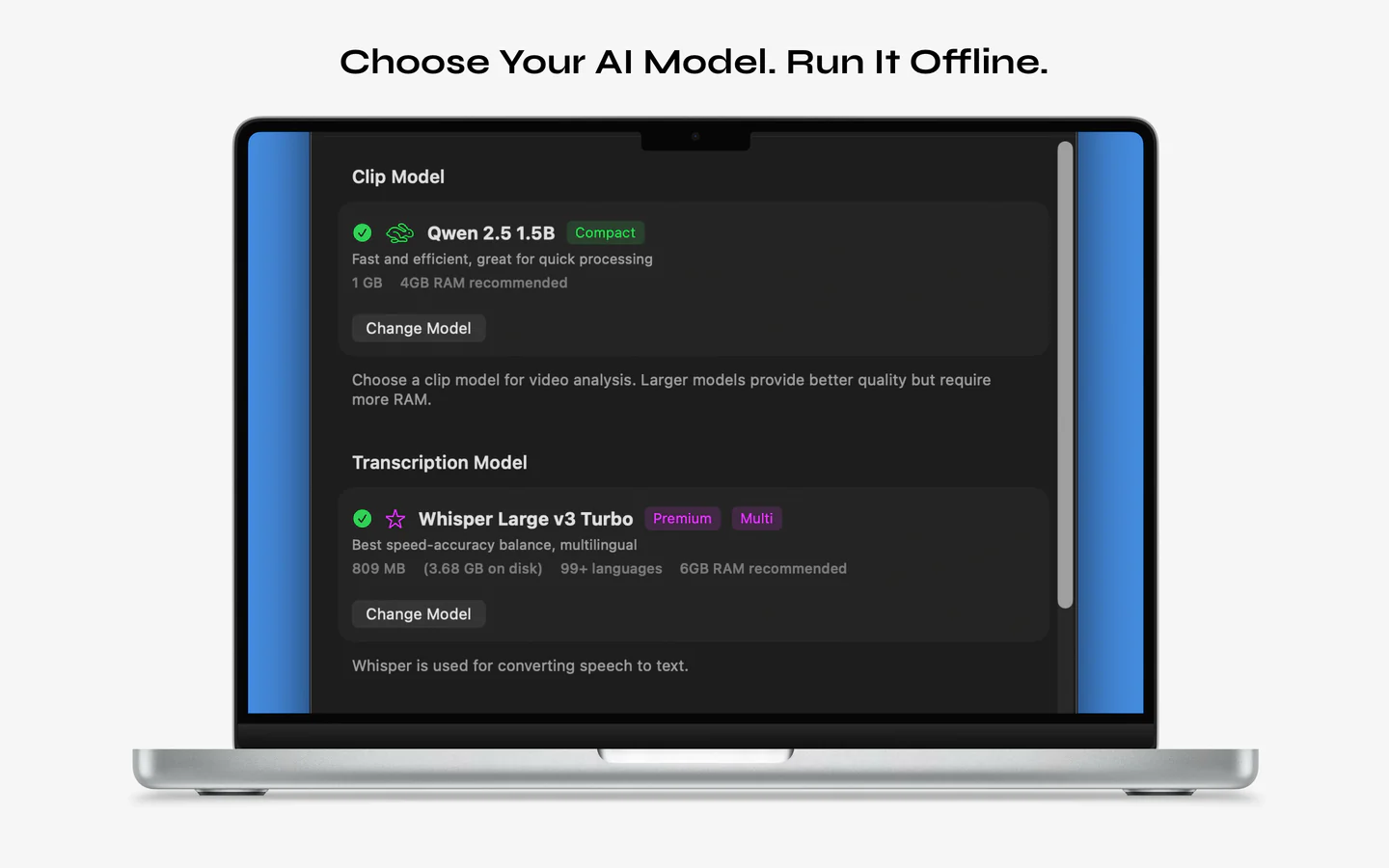 LocalSnip offline AI model settings showing Qwen and Whisper transcription model selection