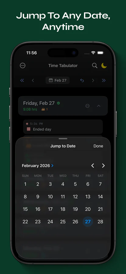 Time Tabulator Jump to Date calendar for opening a workday log