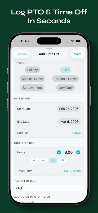 Time Tabulator Add Time Off form with leave presets, date range, and hours per day