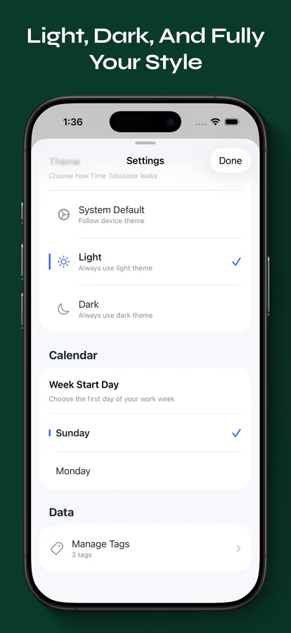 Time Tabulator settings for light or dark appearance and the first day of the week