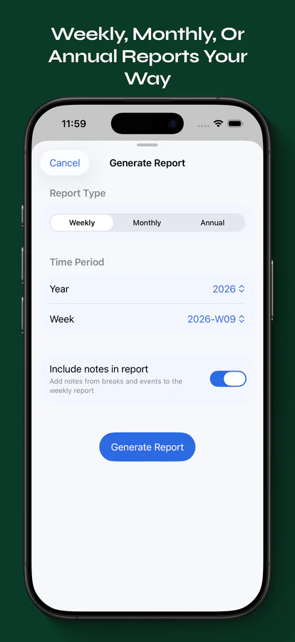 Time Tabulator report setup with weekly, monthly, and annual periods