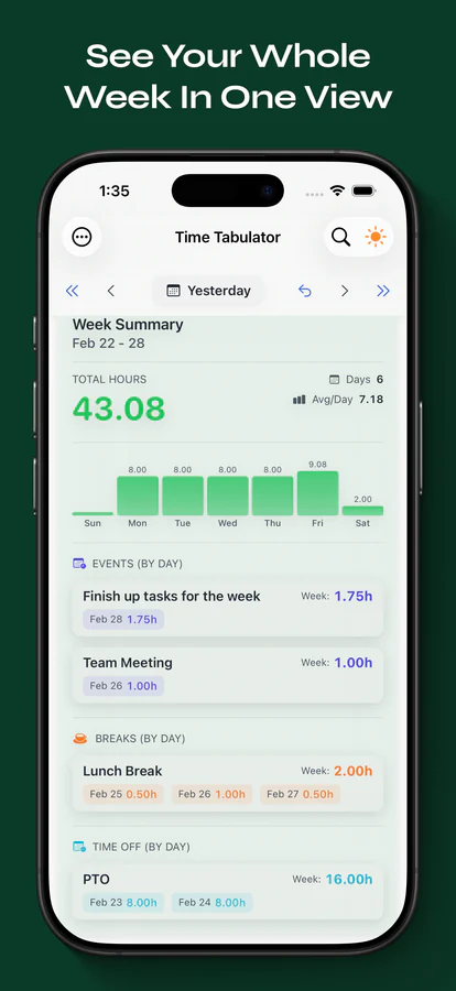 Time Tabulator weekly summary with daily hours, events, breaks, and time off