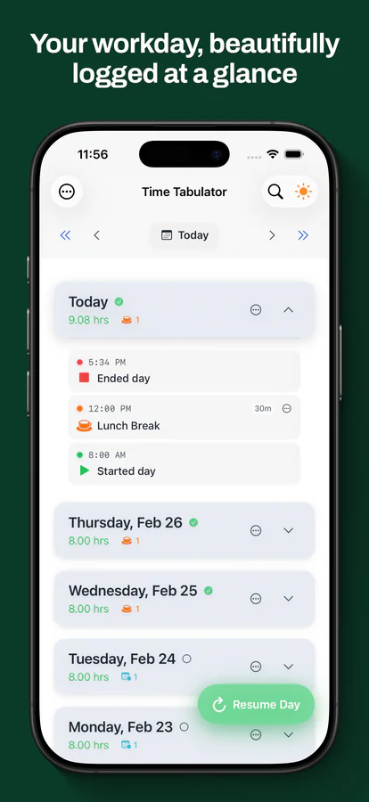 Time Tabulator workday log with start time, lunch break, end time, and daily totals